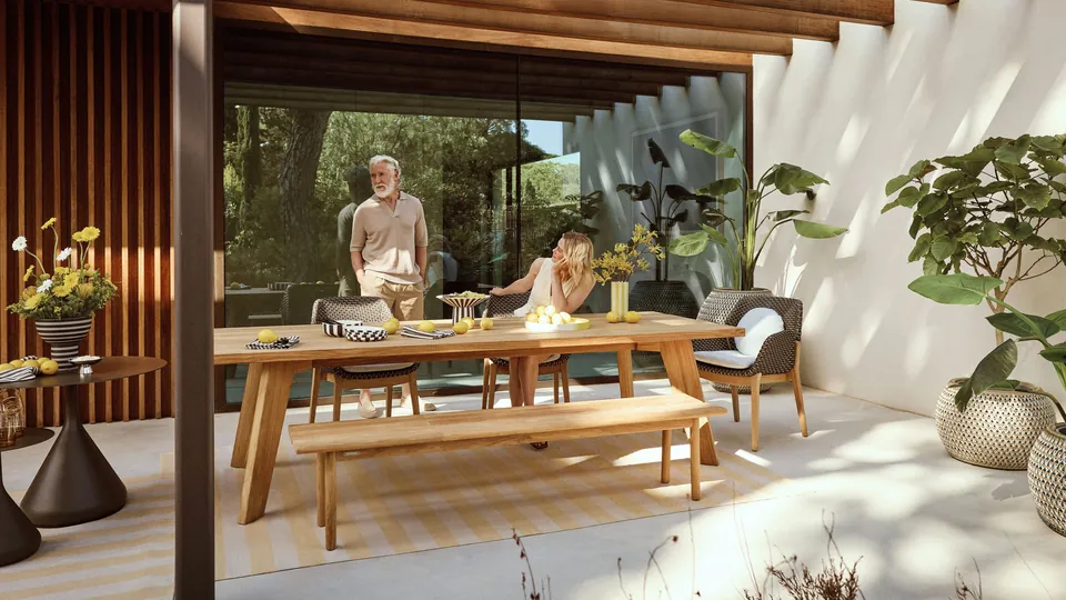 Dedon Caladio armchair, woven patio furniture on a wooden frame