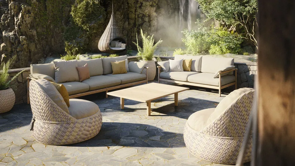 Dedon Dala outdoor furniture, dala, nestrest and tibbo on balcony, spiritual mountains in the background